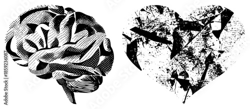 brain and broken heart halftone illustration