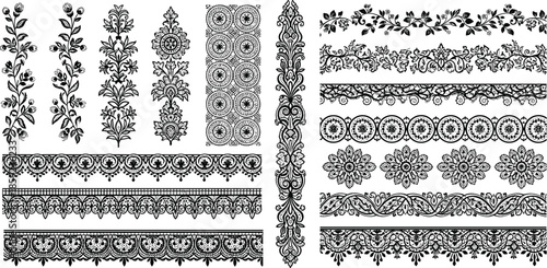 Set of vintage black lace borders, floral ornaments, decorative patterns, and filigree design elements for textile or invitation, vector illustration.