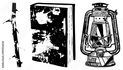 rifle book lantern vintage illustration