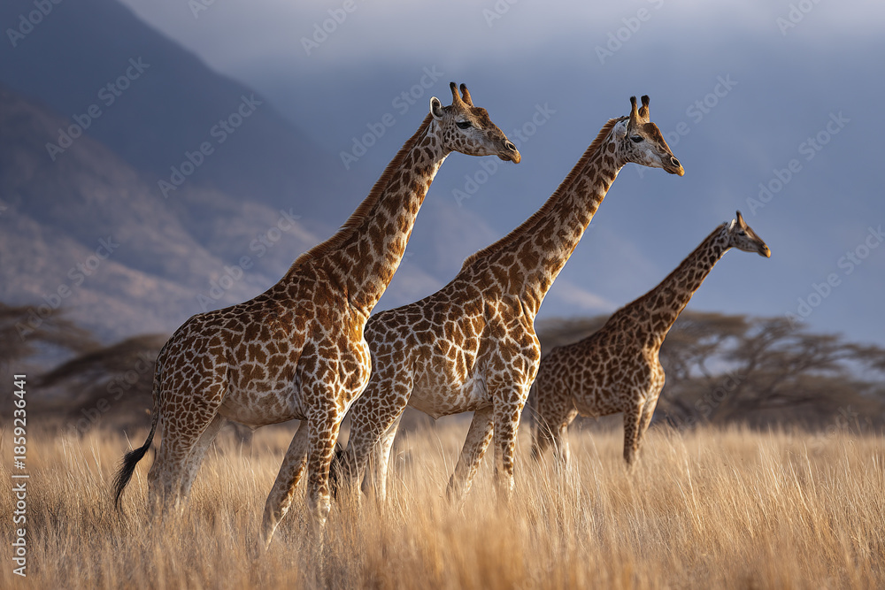 Obraz premium Three giraffes standing in tall dry grass with misty mountain background, showcasing beauty of African wildlife in serene natural habitat