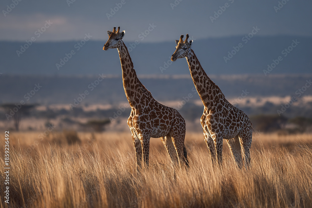 Obraz premium Two giraffes stand gracefully in golden grass of African savannah during sunset, with serene and expansive landscape stretching into distant hills