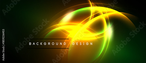 Bright abstract lines form glowing shapes. Green, yellow, orange hues blend into dark background. Modern design element.