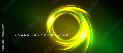Bright neon circles over dark green background. Text reads background design. Modern abstract illustration, vibrant colors, dynamic flow.