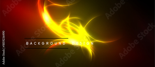 Abstract energy flow, vibrant colors blend. Golden light radiates from central point, dark background enhances visual impact. Design suggests motion, power.