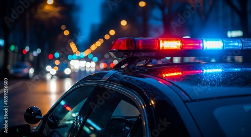 Flashing Police Lights on a Wet City Street