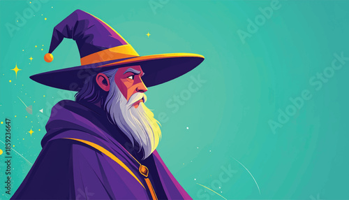 Wizard with Pointed Hat and Long Beard in Profile.