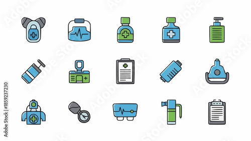 Collection of Medical Equipment and Supplies Icons.