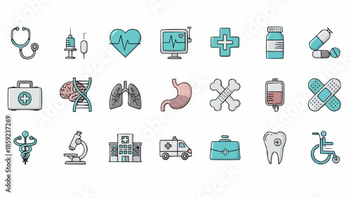 Collection of Medical Icons Representing Healthcare and Science.