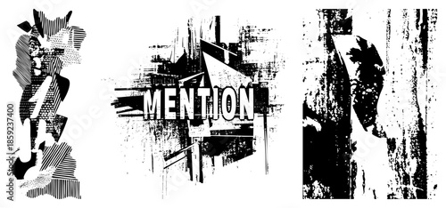 Abstract graphic elements with text mention in distressed black and white vector style