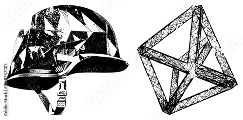 military helmet and geometric star polyhedron vector illustration