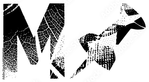 Abstract fragmented letters with cracked texture