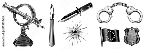 scientific instruments and law enforcement symbols