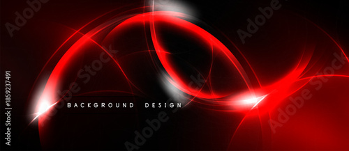 Abstract red energy lines over black background. Dynamic curves create futuristic visual effect. Bright glow emphasizes design elements.