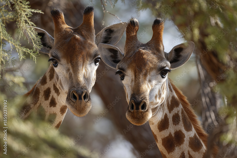 Obraz premium Two young giraffes with patterned fur and expressive eyes stand close together in natural environment surrounded by blurred tree branches and soft light, creating calm and intimate wildlife scene