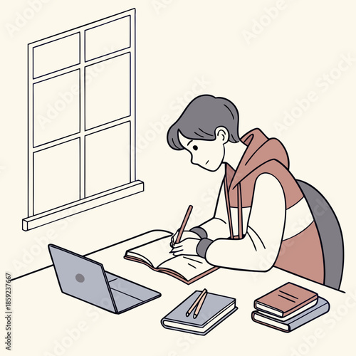 Student studying near window