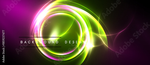 Bright neon circles overlap dark background. Vivid green, purple hues create dynamic visual effect. Modern design element.