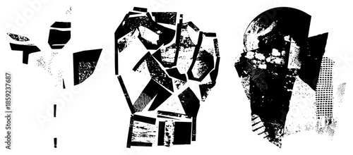 three stylized fists in fragmented black and white vector art