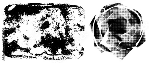 Abstract black and white vector graphics with halftone and distressed textures