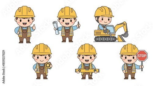 Cartoon Construction Workers in Various Poses with Tools and Equipment.