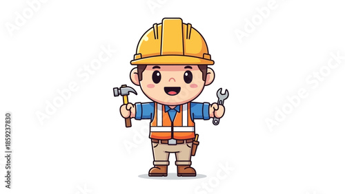 Cartoon Construction Worker with Tools - Hammer and Wrench.