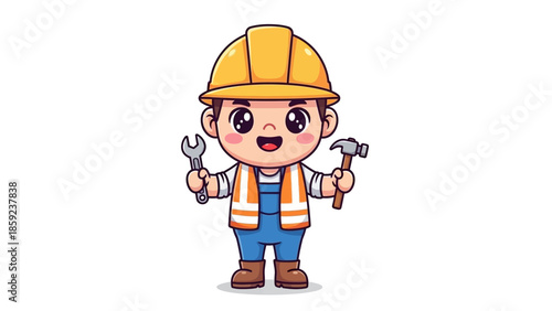 Cartoon Construction Worker with Tools Ready to Build.