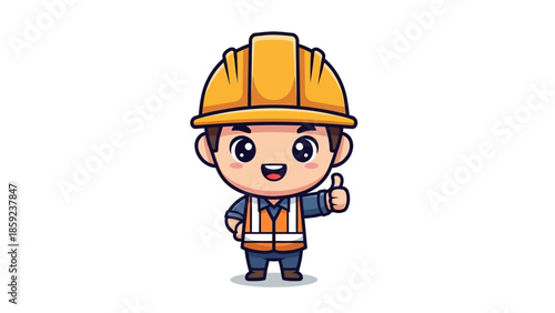 Cute Cartoon Construction Worker Giving Thumbs Up with Hard Hat.