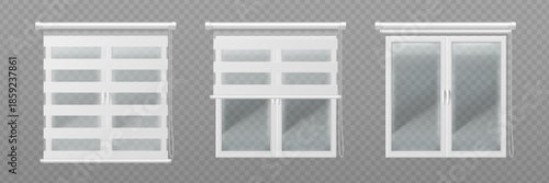 Window blind set with realistic 3D white roller curtain styles. Zebra vision duo blinds with day and night shades on glass frames. interior design mockups - office and home decor illustration.