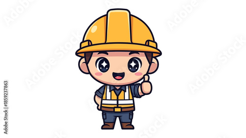 Cute Cartoon Construction Worker Giving Thumbs Up with Hard Hat.