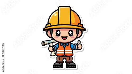 Cute Cartoon Construction Worker with Hard Hat and Blueprint.