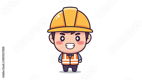 Cute Cartoon Construction Worker with Hard Hat and Safety Vest.