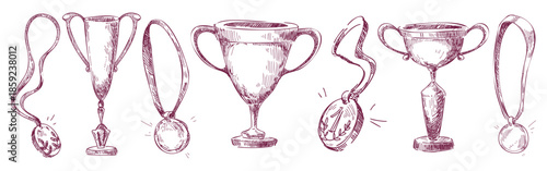 Sport trophy doodle collection with vintage award sketches in hand drawn style. Winner cup illustrations and medals, championship prizes and victory symbols. Retro competition icons for success design