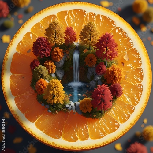 Aerial View of Vibrant Miniature Landscape with Waterfall and Trees Inside an Orange Slice