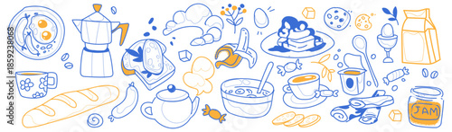 Breakfast doodle set with vintage chalk style illustrations. Coffee cups with croissant, bread and teapot, jam in jar and cafe menu icons drawn in blue and orange line art for brunch design.