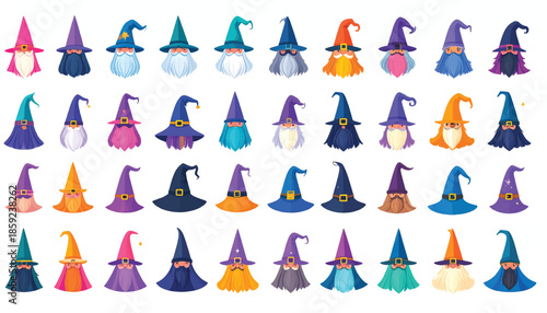Collection of Halloween Gnomes with Pointed Hats in Various Colors.