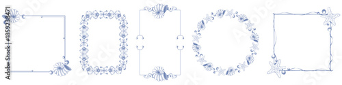 Vintage sea frames set with hand drawn doodles. Blue decorative border adorned with seashells, starfish motifs and marine elements in whimsical line for beach wedding invitation, summer birthday card