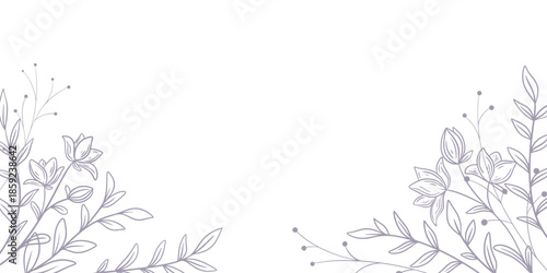 Horizontal botanical background of flowers and herbs in lilac. Template with silhouette of wildflowers in cottagecore style. Delicate natural banner, vector graphic
