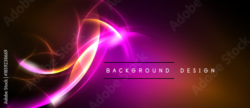 Abstract vibrant design features flowing light curves. Pink, orange hues blend into dark background. Text reads background design.