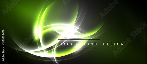 Bright neon swirls, luminous curves, dark backdrop. Abstract design evokes energy, motion, futuristic feel. Vivid green highlights contrast black.