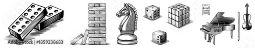 game pieces and instruments vector set