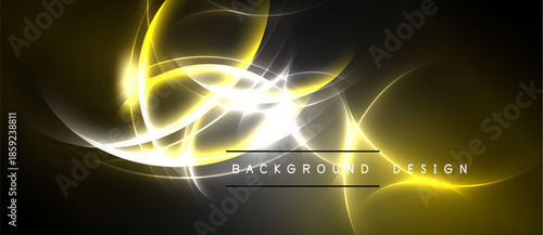 Abstract golden lines swirl, creating luminous energy effect. Dark background emphasizes bright, dynamic design elements. Background text visible.