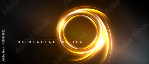 Abstract golden rings over dark background. Bright energy flows, creating dynamic visual effect. Modern design element.