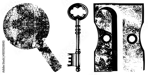 magnifying glass vintage key lock set