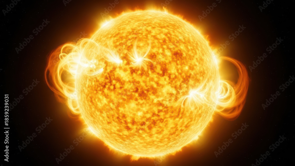 Fototapeta premium The sun displays intense solar flares and vibrant orange-yellow surface details in a close-up view from space.