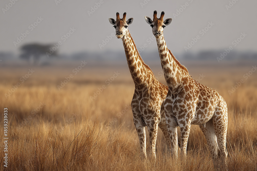 Fototapeta premium Two giraffes standing together in dry savanna grassland with blurred tree in background, showcasing their tall necks and patterned fur in warm natural light
