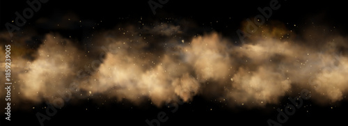 Sand storm cloud with flying dust particles on black background - brown desert smoke effect with realistic texture. Isolated sandstorm overlay with dusty atmosphere and wind blown dirt particles