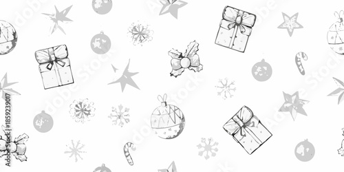 A seamless pattern of sketched christmas ornaments and festive gift boxes