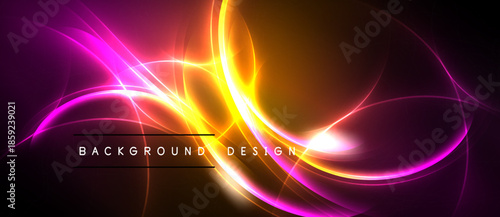 Abstract vibrant design features flowing lines, bright colors, dark background. Modern aesthetic, dynamic energy, visual impact.