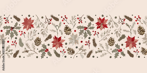 Festive holiday botanical pattern with poinsettias holly and pine cones