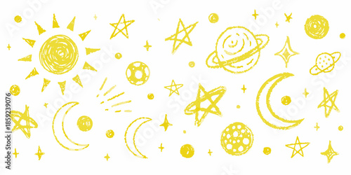 A bright yellow doodle pattern featuring celestial bodies and cosmic elements