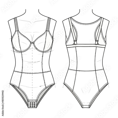 Fashion technical sketch of a strappy seamless bodysuit design for apparel construction
